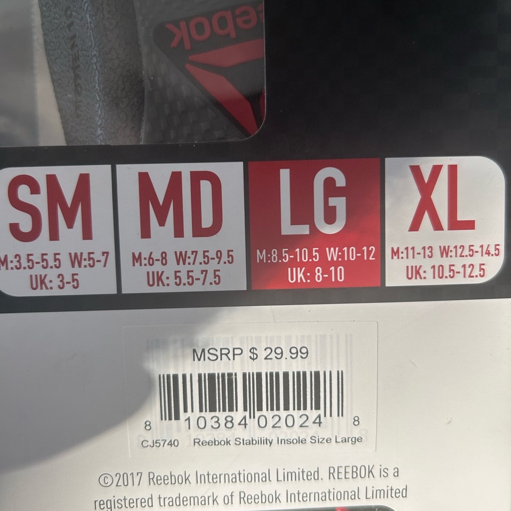 Reebok Stability Insole Size Chart - Picture 2 of 2